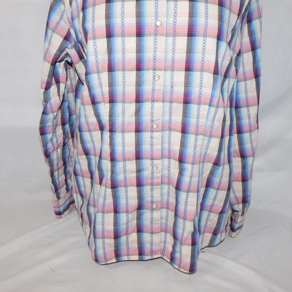 WRANGLER Womens L Pink Blue White Western Pearl Snap Shirt - Picture 8 of 14